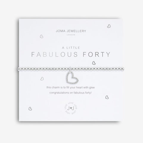Joma Jewellery 'a little' bracelet with pretty little charm, presented on a sentiment card which reads:  'This charm is to fill your heart with glee, congratulations on fabulous forty!'  Beautifully packaged in it's own Joma Jewellery envelope and gifting card.