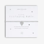 Joma Jewellery 'a little' bracelet with pretty little charm, presented on a sentiment card which reads:  'This special little bracelet is just to say, you're turning fifty – hip hip hooray!'  Beautifully packaged in it's own Joma Jewellery envelope and gifting card.
