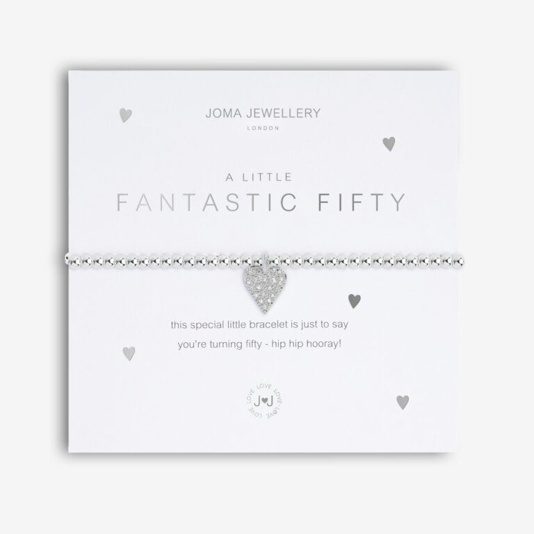 Joma Jewellery 'a little' bracelet with pretty little charm, presented on a sentiment card which reads:  'This special little bracelet is just to say, you're turning fifty – hip hip hooray!'  Beautifully packaged in it's own Joma Jewellery envelope and gifting card.