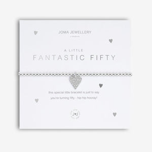 Joma Jewellery 'a little' bracelet with pretty little charm, presented on a sentiment card which reads:  'This special little bracelet is just to say, you're turning fifty – hip hip hooray!'  Beautifully packaged in it's own Joma Jewellery envelope and gifting card.