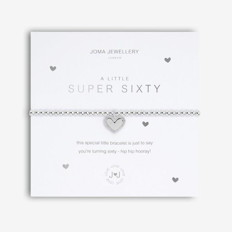 Joma Jewellery 'a little' bracelet with pretty little charm, presented on a sentiment card which reads:  'This special little bracelet is just to say, you're turning sixty – hip hip hooray!'  Beautifully packaged in it's own Joma Jewellery envelope and gifting card.