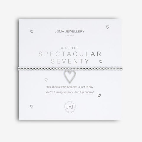 Joma Jewellery 'a little' bracelet with pretty little charm, presented on a sentiment card which reads:  'This special little bracelet is just to say, you're turning seventy – hip hip hooray!'  Beautifully packaged in it's own Joma Jewellery envelope and gifting card.