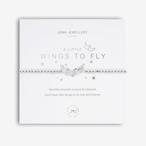 Joma Jewellery 'a little' bracelet with pretty little charm, presented on a sentiment card which reads:  'This little bracelet is yours to treasure, you'll have little wings to fly now and forever'  Beautifully packaged in it's own Joma Jewellery envelope and gifting card.