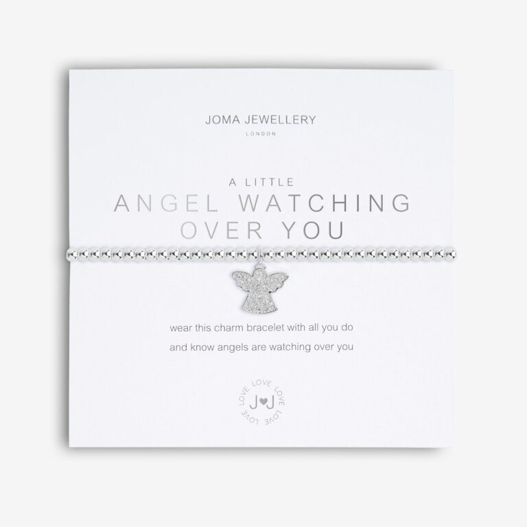 Joma Jewellery 'a little' bracelet with pretty little charm, presented on a sentiment card which reads:  'Wear this charm bracelet with all you do, and know angels are watching over you'  Beautifully packaged in it's own Joma Jewellery envelope and gifting card.