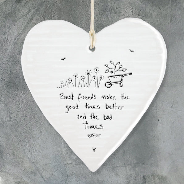 east of india white porcelain hanging heart, best friends make the good times better and the bad times easier
