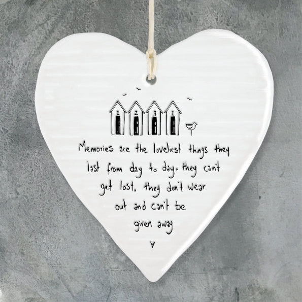 east of india white porcelain hanging heart, memories are the loveliest things