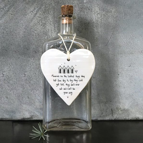 east of india white porcelain hanging heart, memories are the loveliest things