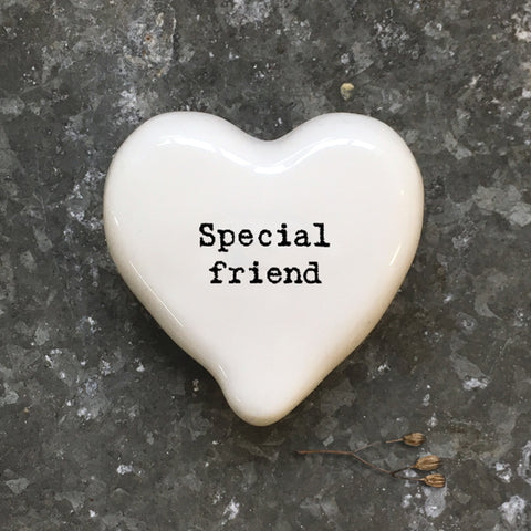 East of India porcelain heart token which reads:  'Special Friend.'  These tokens are the perfect little keepsake gift.