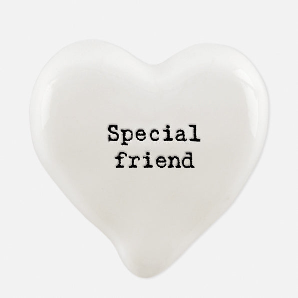 East of India porcelain heart token which reads:  'Special Friend.'  These tokens are the perfect little keepsake gift.