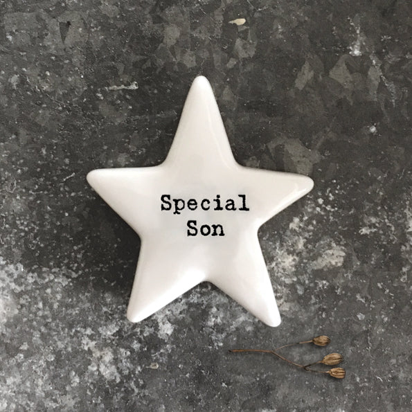 East of India porcelain star shaped token which reads:  'Special Son.'  These tokens are the perfect little keepsake gift.