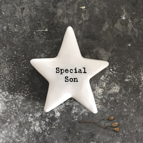 East of India porcelain star shaped token which reads:  'Special Son.'  These tokens are the perfect little keepsake gift.