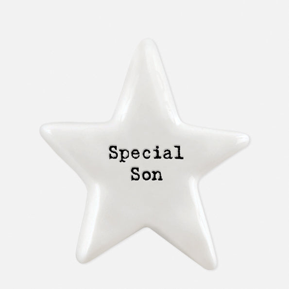 East of India porcelain star shaped token which reads:  'Special Son.'  These tokens are the perfect little keepsake gift.