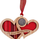 Lucky sixpence on hanging wooden hearts with tartan - on your anniversary