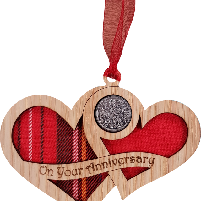 Lucky sixpence on hanging wooden hearts with tartan - on your anniversary