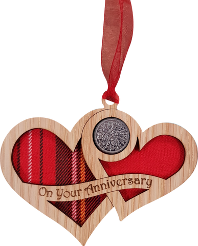 Lucky sixpence on hanging wooden hearts with tartan - on your anniversary