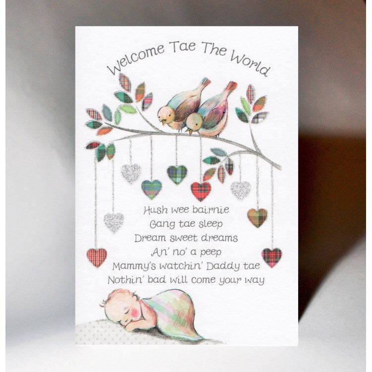  ***Price Includes Delivery ***  Scottish Baby Card featuring a gorgeous design and a welcoming poem for the new baby.  Blank inside  Designed and printed in Scotland  Textured White Card Dimensions: 10.5cm x 15cm  We can send direct to recipient free of charge including a handwritten message inside .... simply add a note to your order (from cart page) including your message.  
