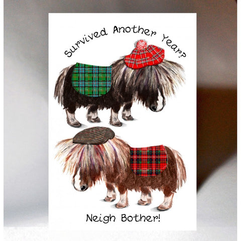 Scottish Birthday card with touch of tartan, Shetland ponies and Scottish slang - Neigh Bother