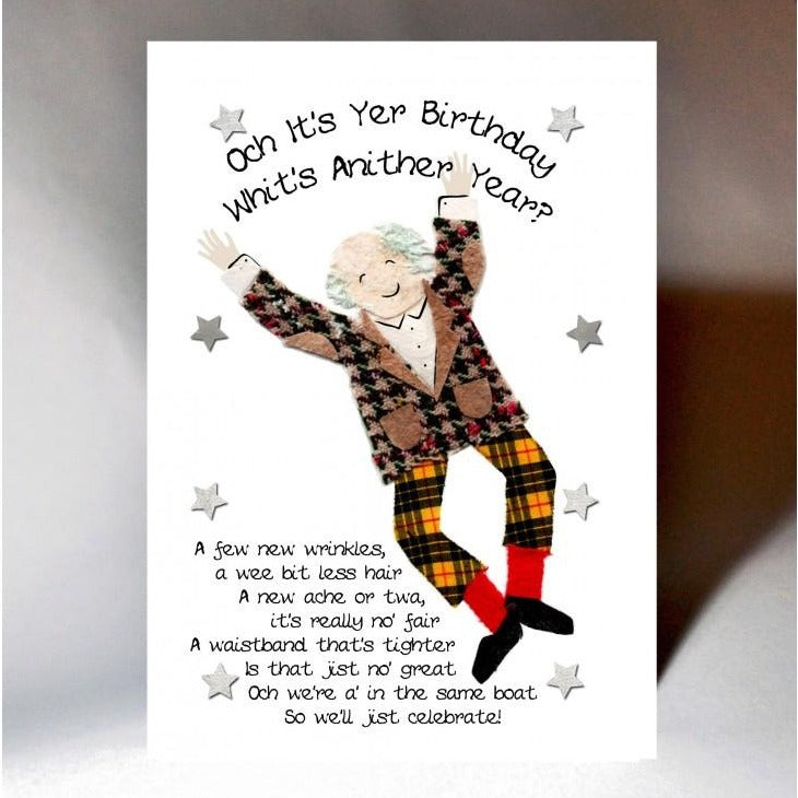 Scottish Birthday card with touch of tartan, old man dancing and Scottish slang poem - whit's anither year