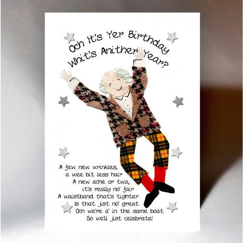 Scottish Birthday card with touch of tartan, old man dancing and Scottish slang poem - whit's anither year