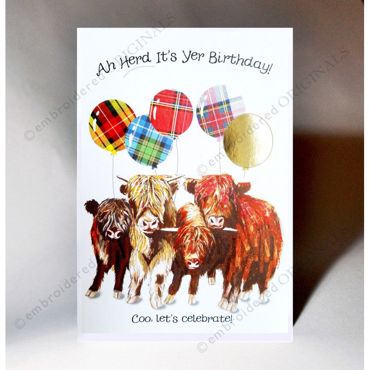 Scottish Slang Birthday Card with touch of tartan, highland coos and scottish slang