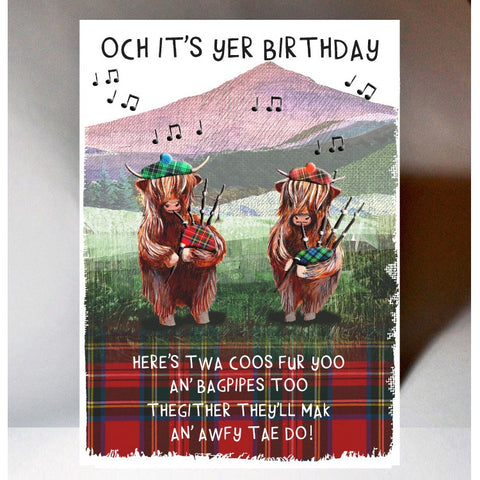  ***Price Includes Delivery ***  Scottish birthday card featuring tartan Highland coo design and Scottish banter.   Blank inside  Designed and printed in UK