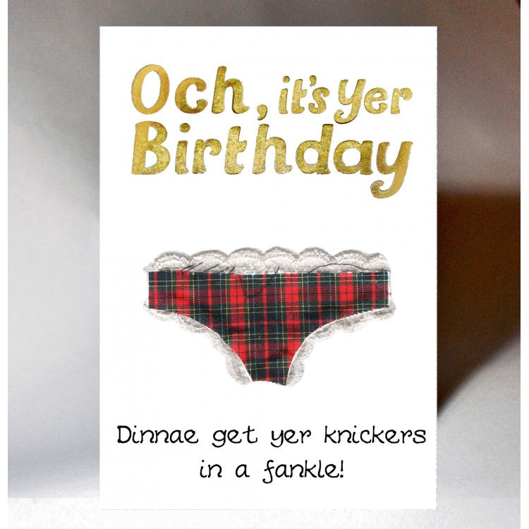 ***Price Includes Delivery ***  Scottish birthday card featuring tartan design and Scottish banter.   Blank inside  Designed and printed in Scotland  Textured white card with gold foil highlight  Dimensions: 10.5cm x 15cm  We can send direct to recipient free of charge including a handwritten message inside .... simply add a note to your order (from cart page) including your message.  