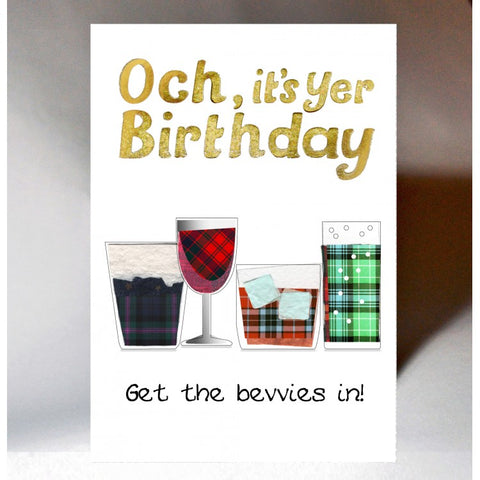  ***Price Includes Delivery ***  Scottish birthday card featuring tartan design and Scottish banter.   Blank inside  Designed and printed in Scotland  Textured white card with gold foil highlight  Dimensions: 10.5cm x 15cm  We can send direct to recipient free of charge including a handwritten message inside .... simply add a note to your order (from cart page) including your message.  
