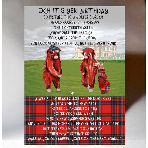  ***Price Includes Delivery ***  Scottish birthday card featuring tartan Highland coo design and Scottish banter.   Blank inside  Designed and printed in Scotland