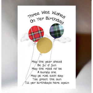 Scottish birthday card incorporating tartan balloons and humorous Scottish slang poem