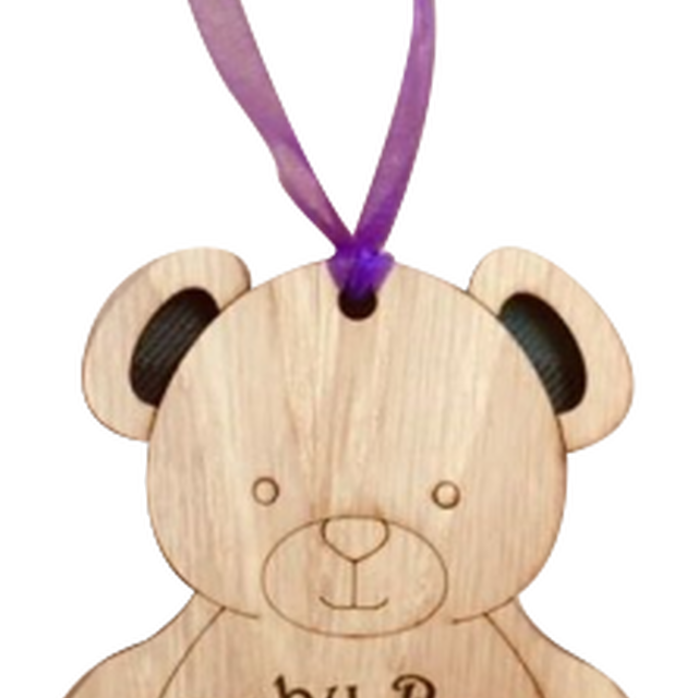 Baby Bot Lucky Sixpence on hanging wooden teddy with tartan