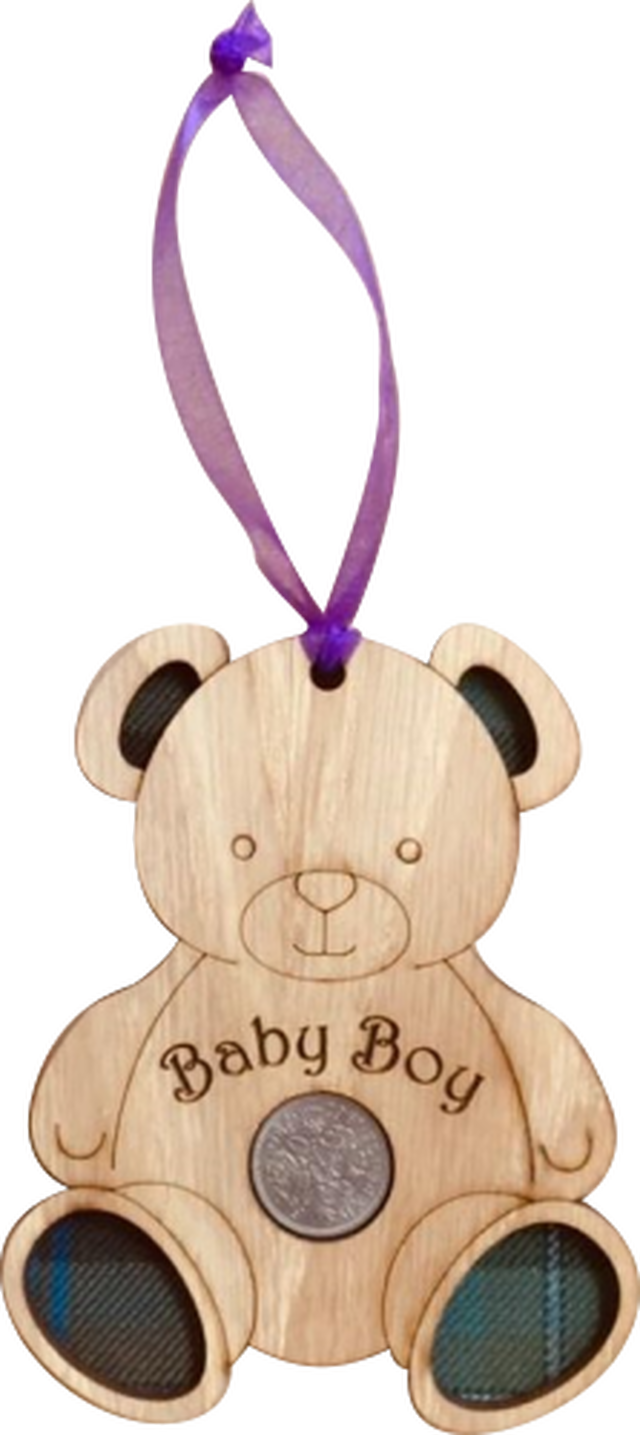 Baby Bot Lucky Sixpence on hanging wooden teddy with tartan