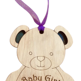 Baby Girl Lucky Sixpence on hanging wooden teddy with tartan