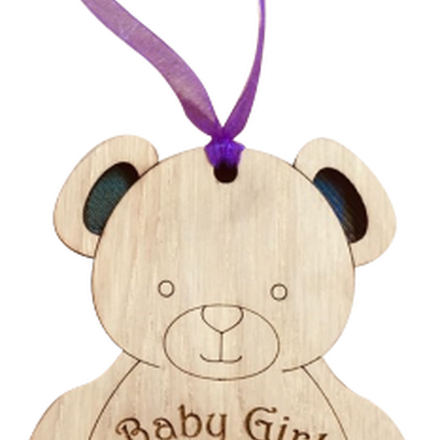 Baby Girl Lucky Sixpence on hanging wooden teddy with tartan