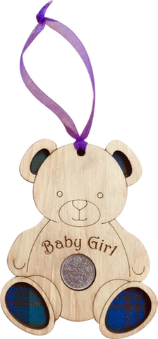 Baby Girl Lucky Sixpence on hanging wooden teddy with tartan