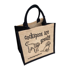 Jute shopper with black trim which reads Cockapoos are great!! with image of 2 cockapoos