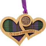 Engagement Lucky Sixpence on hanging wooden hearts with tartan