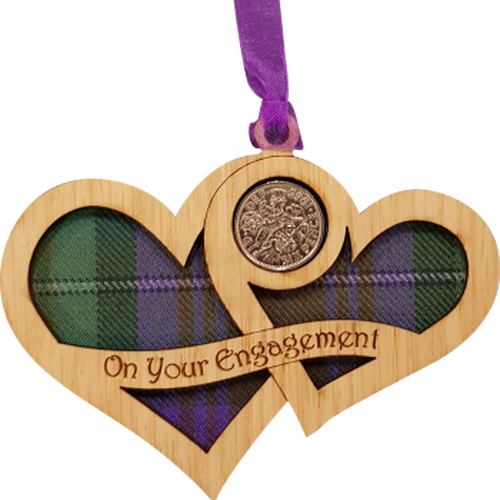 Engagement Lucky Sixpence on hanging wooden hearts with tartan