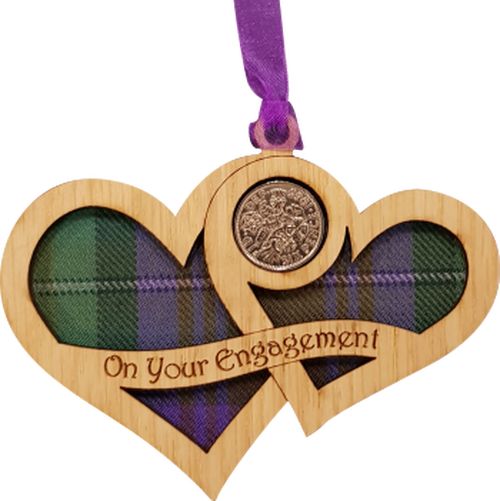 Engagement Lucky Sixpence on hanging wooden hearts with tartan