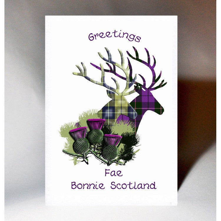 ***Price Includes Delivery *  Scottish Greeting Card with the words 'Greetings fae Bonnnie Scotland' and designed with tartan stags and thistles.  Blank inside  Designed and printed in Scotland  Textured white card with Hi Gloss Varnish Highlight  Dimensions: 15cm x 10.5cm  We can send direct to recipient free of charge including a handwritten message inside .... simply add a note to your order (from cart page) including your message.  