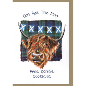'Och Aye the Moo'  Greeting card with highland cow and Saltire design.