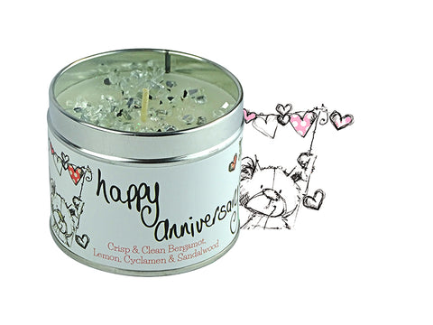 Gorgeous hand finished, scented candle with added sparkle from Best Kept Secret's Occasion range in collaboration with designer Tracey Russell.  Each candle has it's own sentiment.  The tin reads 'Happy Anniversary'