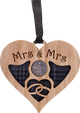 A unique keepsake gift with a Scottish twist.  The sixpence is mounted onto hanging oak veneered wooden heart with tartan inserts, mounted on card and packaged in clear cellophane packets.  The sentiment 'Mrs & Mrs' is engraved across the heart.