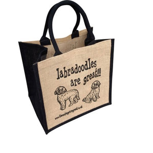 Fun jute shopping bag which features a printed cartoon image of two labradoodles and the text 'Labradoodles are Great'