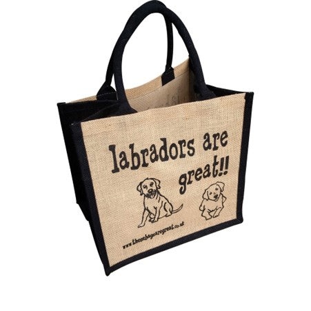 Fun jute shopping bag which features a printed cartoon image of two labs and the text 'Labradors are Great'
