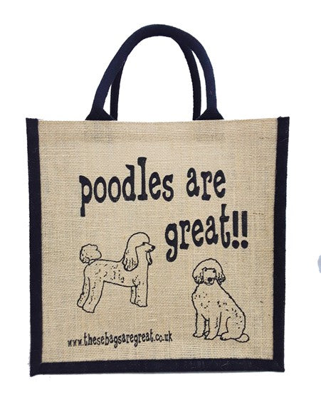Fun jute shopping bag which features a printed cartoon image of two poodles and the text 'Poodles are Great'