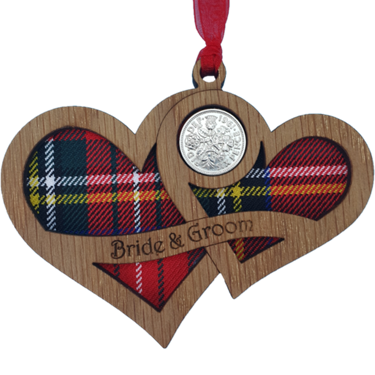 Double heart hanging decoration with tartan inset and lucky sixpence and engraved wording Bride & Groom