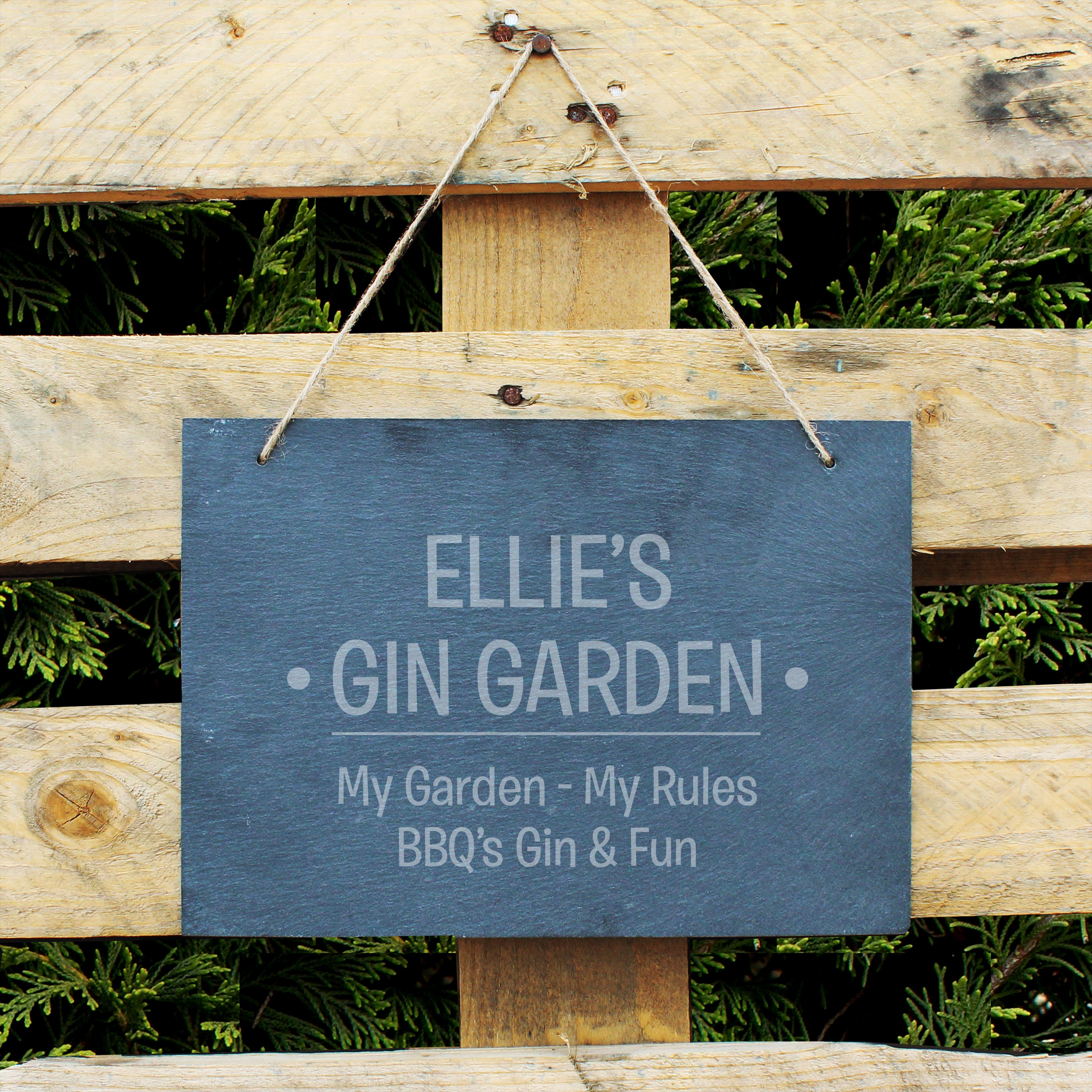 Slate hanging sign with natural, rustic string which can be personalised with your own choice of message