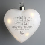 Beautiful personalised LED hanging heart, would make a lovely nightlight for your precious little ones nursery.  Personalise the front of your bauble with any name 2 lines of 20 characters per line, line 1 is mandatory.