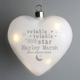 Beautiful personalised LED hanging heart, would make a lovely nightlight for your precious little ones nursery.  Personalise the front of your bauble with any name 2 lines of 20 characters per line, line 1 is mandatory.
