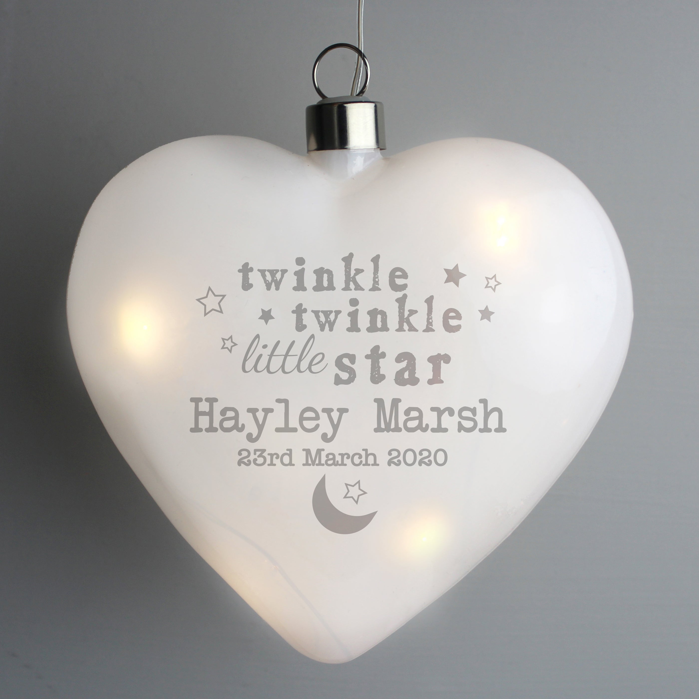 Beautiful personalised LED hanging heart, would make a lovely nightlight for your precious little ones nursery.  Personalise the front of your bauble with any name 2 lines of 20 characters per line, line 1 is mandatory.
